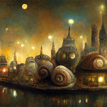 Une ville de nuit dont les bâtiments sont réalisés à partir de coquilles d'escargots.