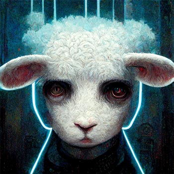 Le portrait d'un mouton électrique humanoïde.