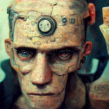 Le visage modifié d'un homme dans une ambiance cyberpunk.